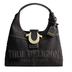 NWT True Religion Black Frayed Denim Hobo Shoulder Bag with Gold Hardware